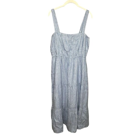 Amour Vert Dress Womens Medium Blue Stripe Elio Linen Tiered Midi Strappy Lined - Picture 1 of 9
